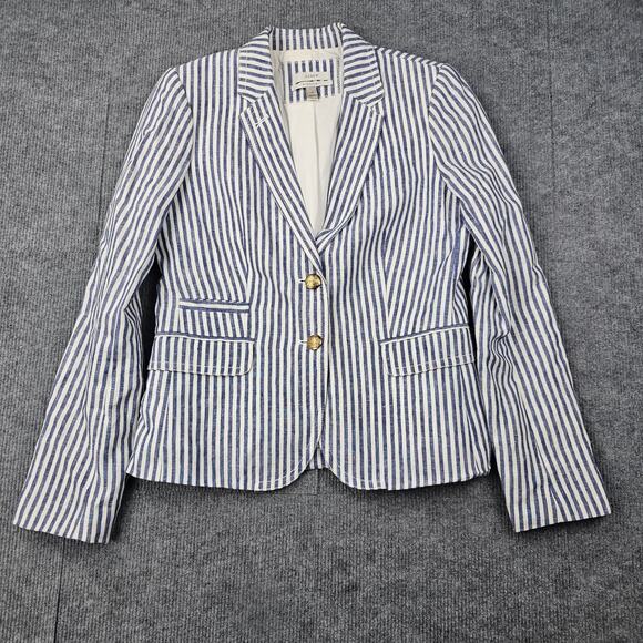 J Crew Schoolboy Blazer Womens 4 Blue Stripe Linen Preppy Academia Timeless - Picture 1 of 7